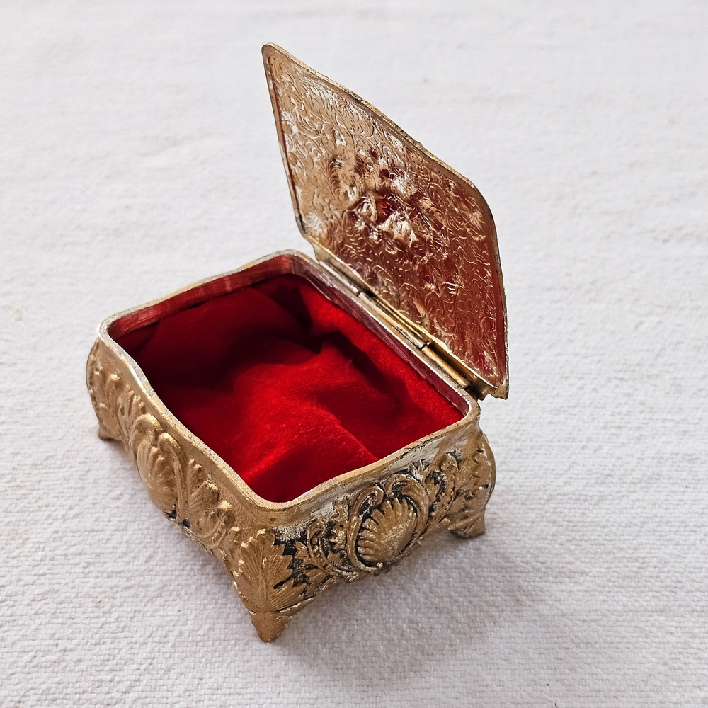 Vtg Trinket Jewelry Box Gold Silver with Red Velvet Interior Casket Ornate
